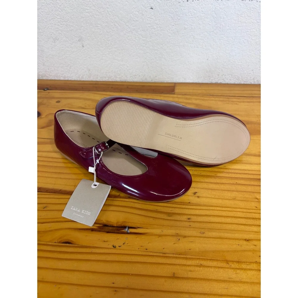 Zara Mary Jane Shoes Kids 35 Burgundy Patent T-Strap Buckle New Holiday School
